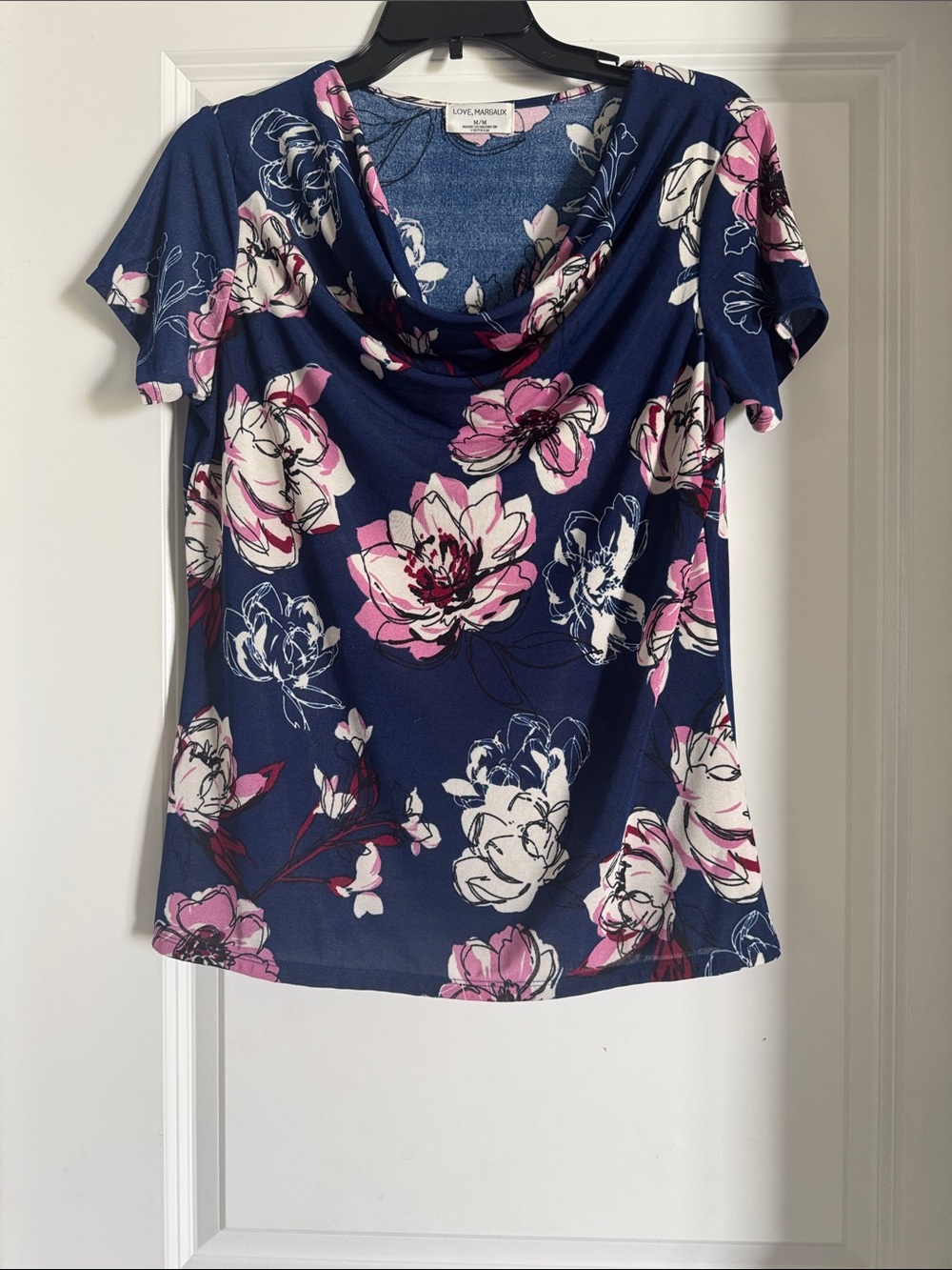Navy Floral Cowl Neck Tee with Pink and White Blooms (871)